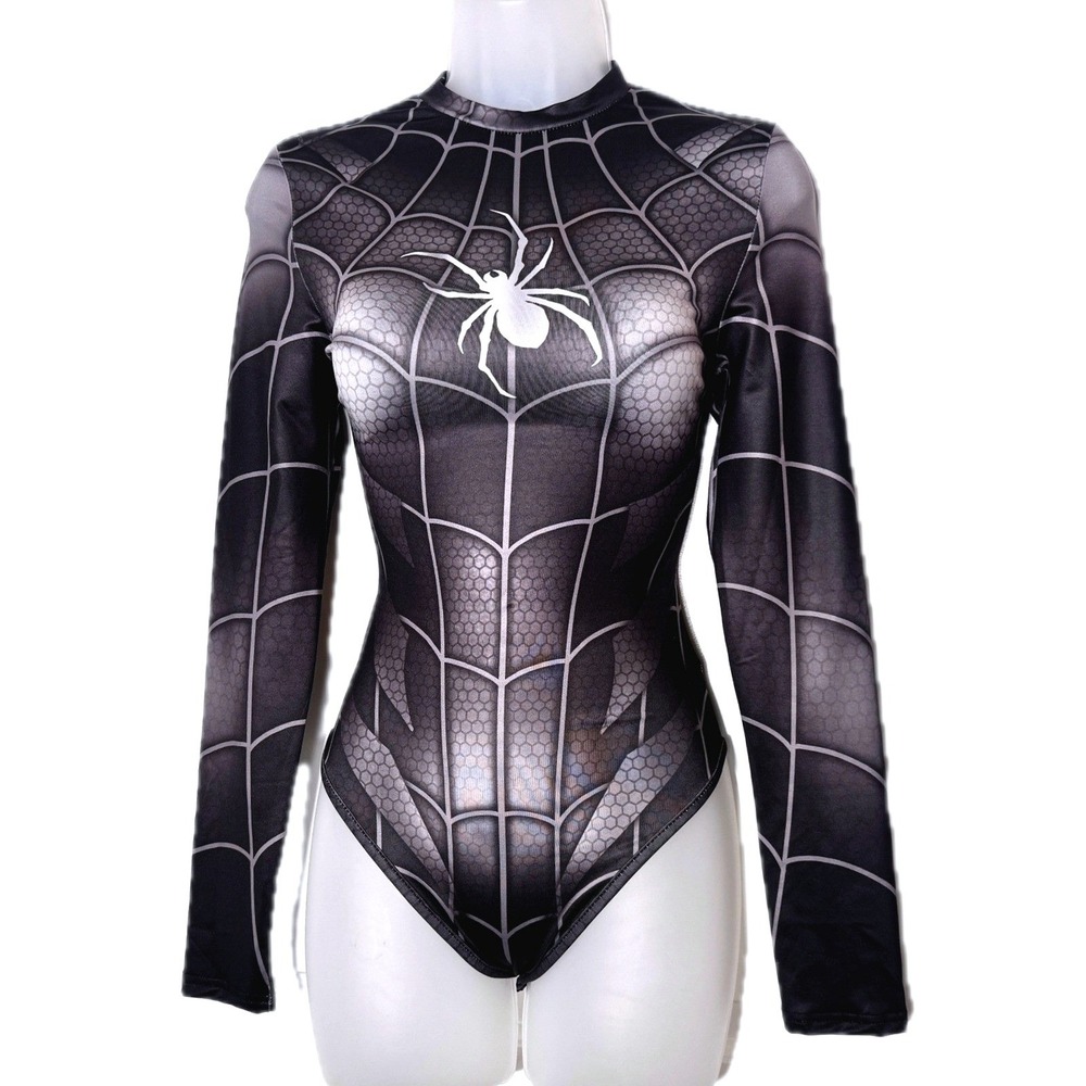 New L Black Spider Web Long Sleeve Bodysuit Spiderman Superhero Costume